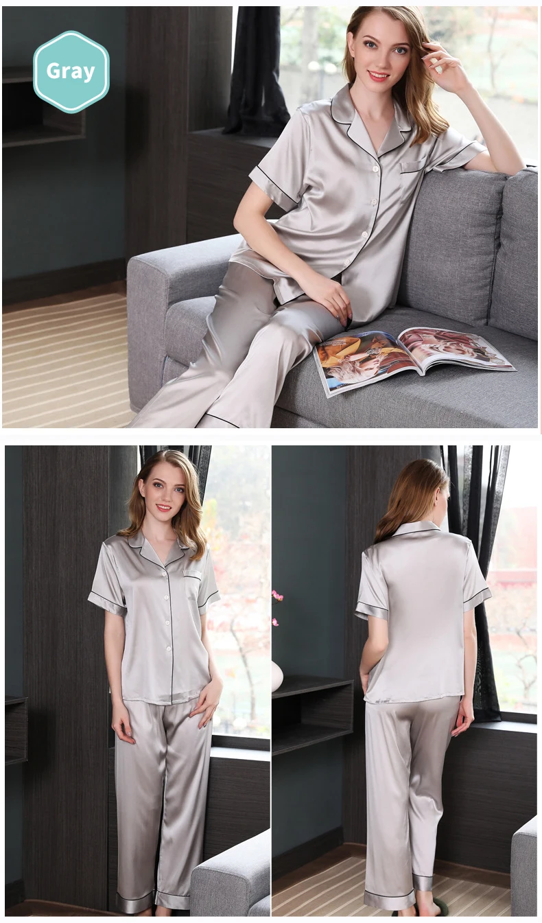 Чистый пижамы костюмы из натурального шелка топ с короткими рукавами+ брюки Шелковый пижамный комплект летние женские пижамы домашний костюм