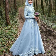 Evening Party 2017 Sky Blue Long Sleeve Muslim Evening Dress robe de soiree courte Hijab Turkish Evening Party Gowns with Lace