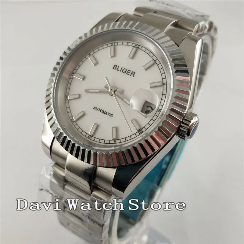 

40mm White Simple Dial Stainless Steel Band Mens Watch Automatic Movement 2854