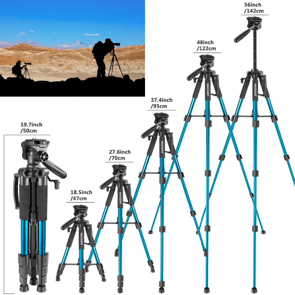 Neewer синий 56 дюймов/142 см Алюминий Камера штатив 3-ходовой поворотный полукруглой потайной головкой+ сумка для Canon/nikonload до 8,8 кг/4 кг