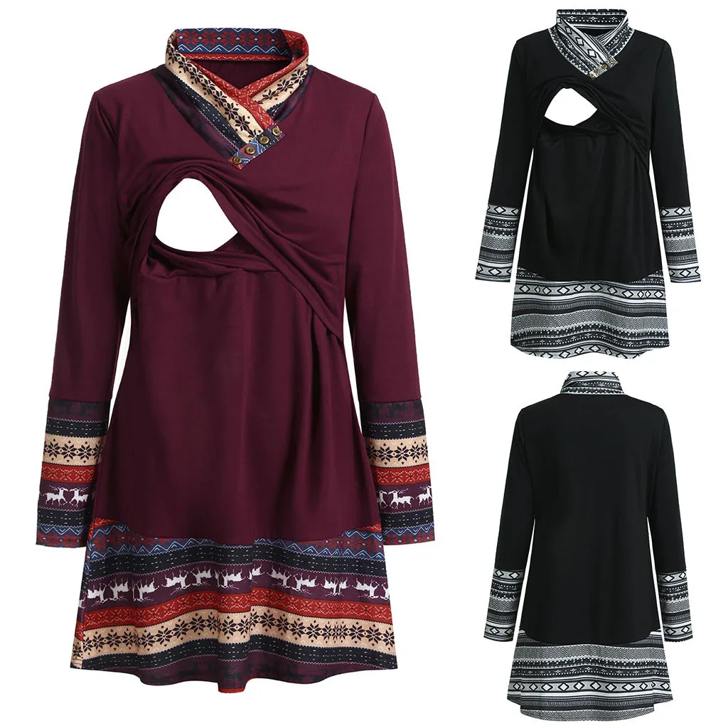 

Women Pregnant Nursing Baby Maternity National Wind Long Sleeve Care Floral Print Stitching Color Top Breastfeeding Clothes