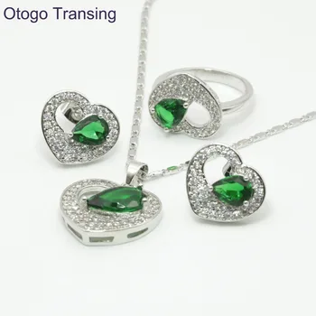 

Otogo Transing 925 Sterling Silver Color Green Crystal AAA Heart Ring Pendant Necklace Earrings Jewelry Sets For Women made S210