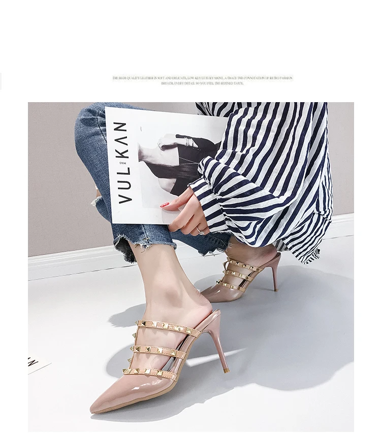 HKJL весна/лето Новая женская обувь в европейском и американском стиле модная обувь на высоком каблуке шлепанцы с острые заклепки тонкий каблук тапочки дамы A156