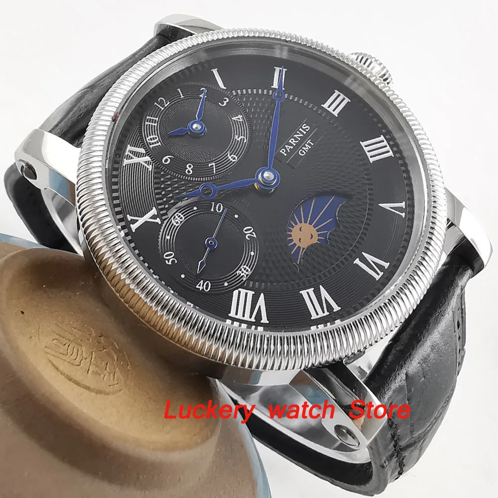 Часы Parnis 43 мм с черным циферблатом и кожаным ремешком Moon Phase GMT механические