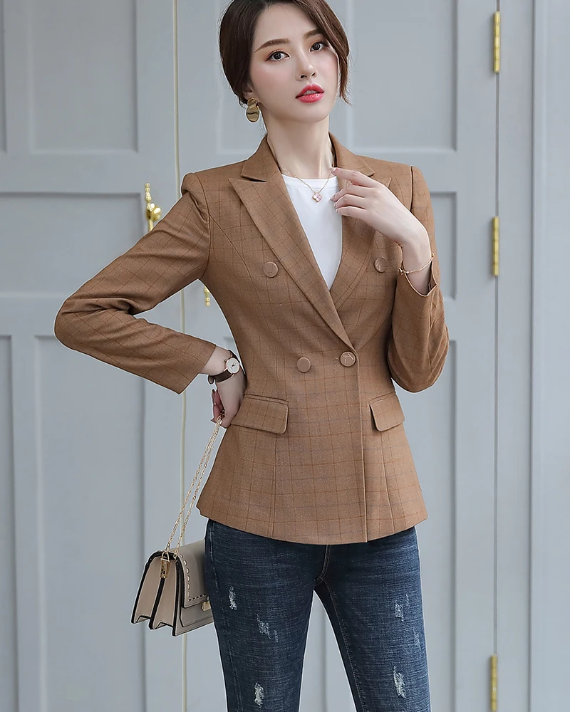 Women Pant Suit Two Pieces Set Size S-5XL Pink Brown Plaid Jacket Blazer With Plaid Trouser Sets Casual Fashion Suits