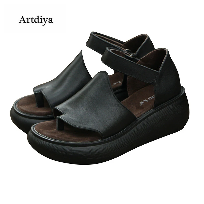 Artdiya/Новые Летние повседневные кожаные сандалии на толстой подошве; женские сандалии на танкетке в стиле ретро; сандалии на мягкой подошве; обувь ручной работы на липучке