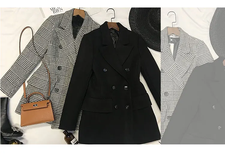 Woolen Coat Black White Plaid Double Breasted Pockets Slim Full Sleeve Turn Down Collar Medium Thickness Suit Houndstooth