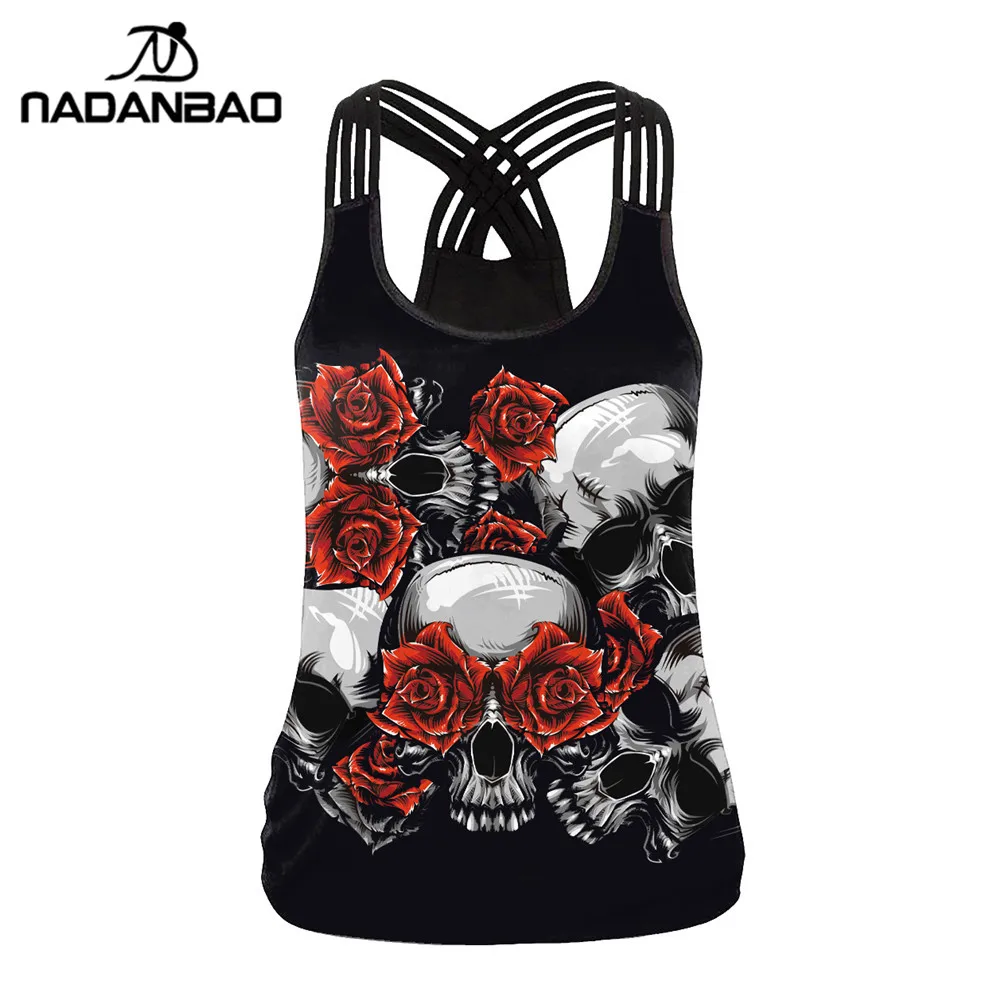

NADANBAO Backless 3D Print Rose Skeleton Skull Women Tank Top Fitness Hollow Out Tops Vest Sleeveless Clothing