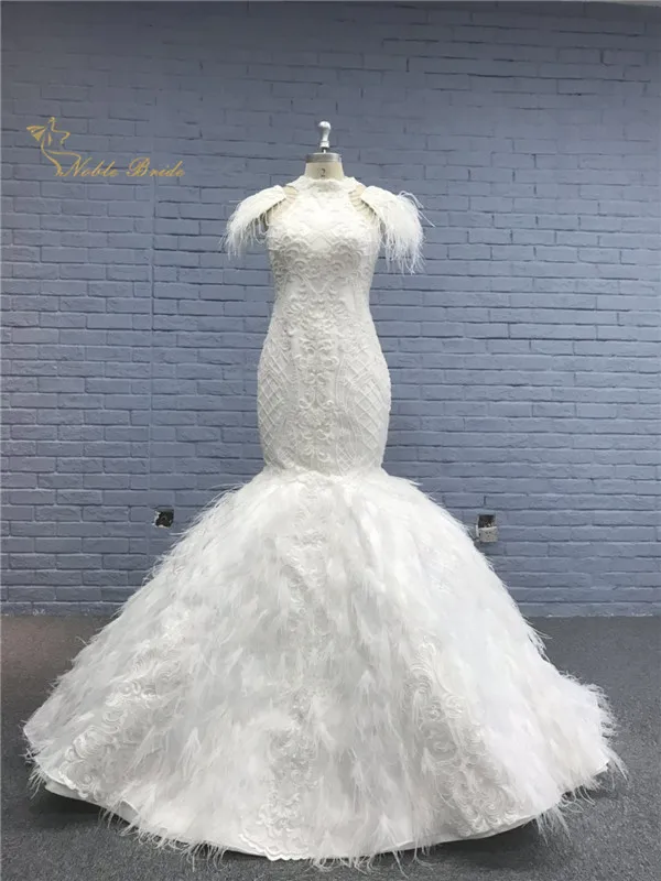 

Luxury Lace Feather 2019 Wedding Dresses Mermaid High Collar Elegant Dubai Arabic Real Pic Bridal Gowns Vestido De Noiva Bride
