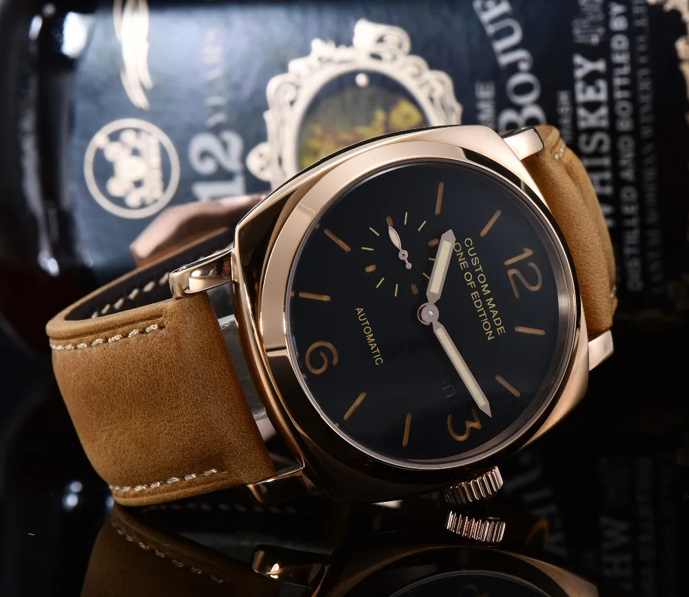 PARNIS автоматический механизм часы parnis47mm роскошный PVD Стальной Чехол кожаный ремешок военный календарь светящаяся рука