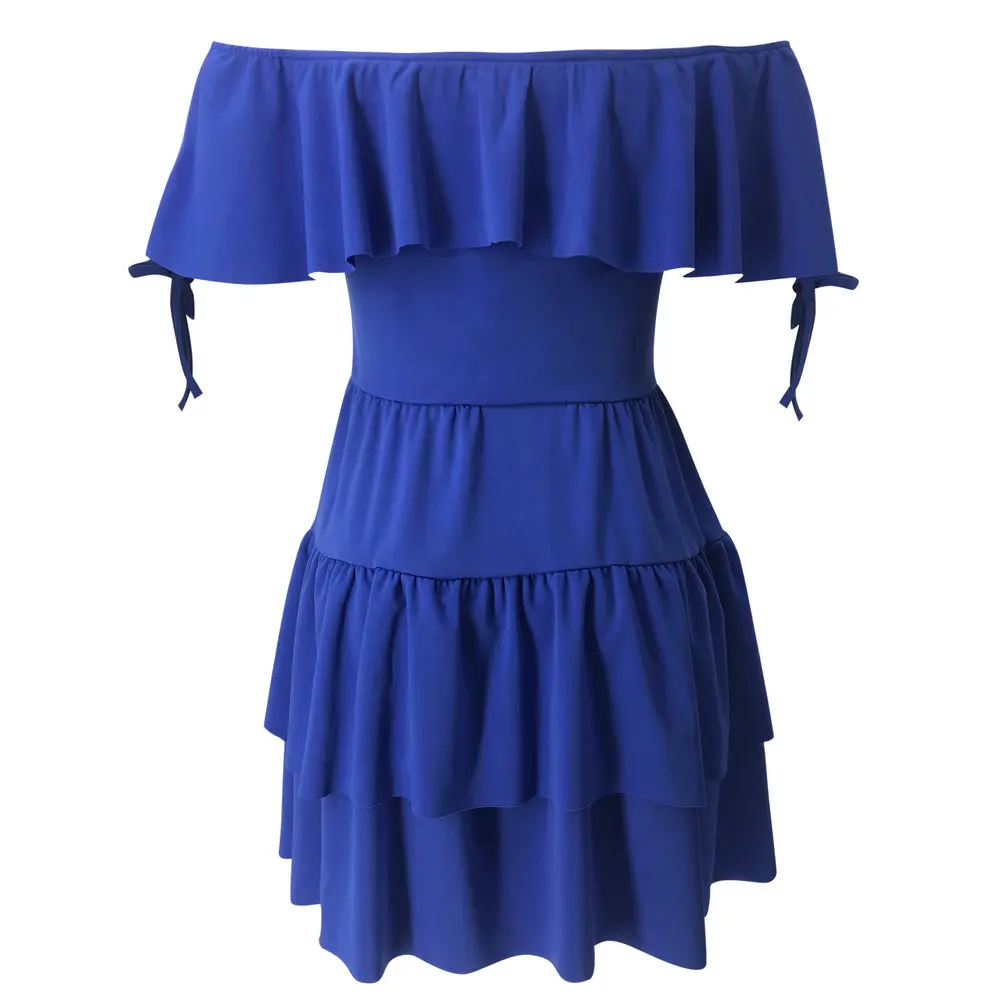 Женские однотонные синие белые вечерние Клубные платья с открытыми плечами повседневное Короткое мини-платье с рюшами