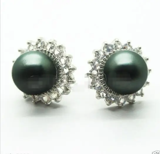 

FREE SHIPPING>>> Hot sale new Style >>>>10mm Round Dark Gray South Sea Shell Pearl Crystal 925 Sterling Silver Earrings