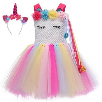 

Princess Girls Unicorn Flowers Tutu Dress With Headband Cotton Lining Matching Horn Hair Hoop Sets for Kids Theme Party Dress