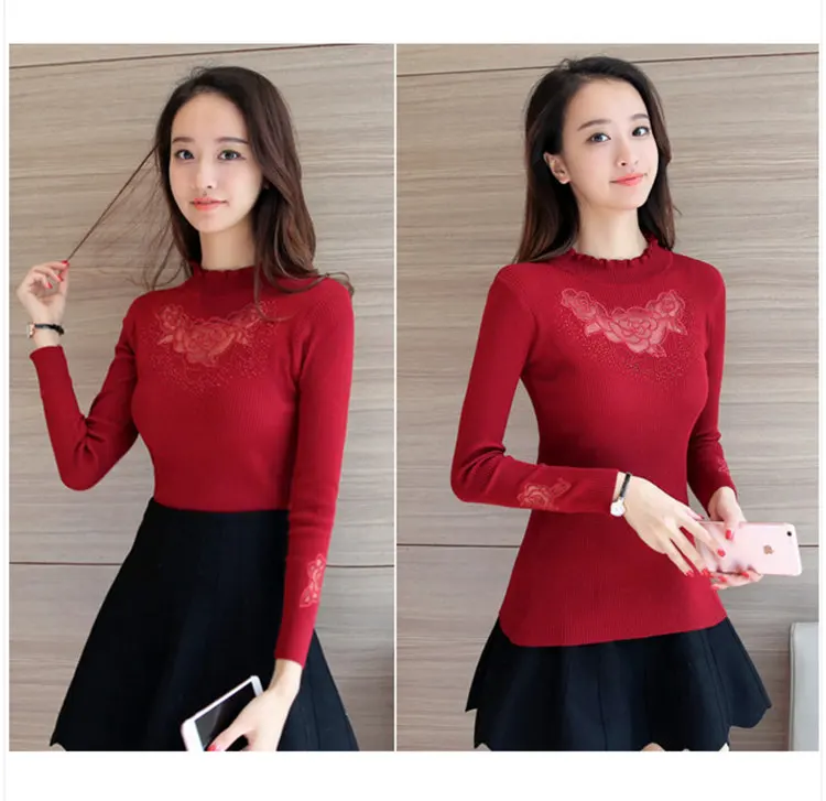 Women Sweater High Elastic Turtleneck Jersey Ladies 2019 Autumn Winter Sweater Women Slim Lace Bottoming Knitted Pullovers (11)