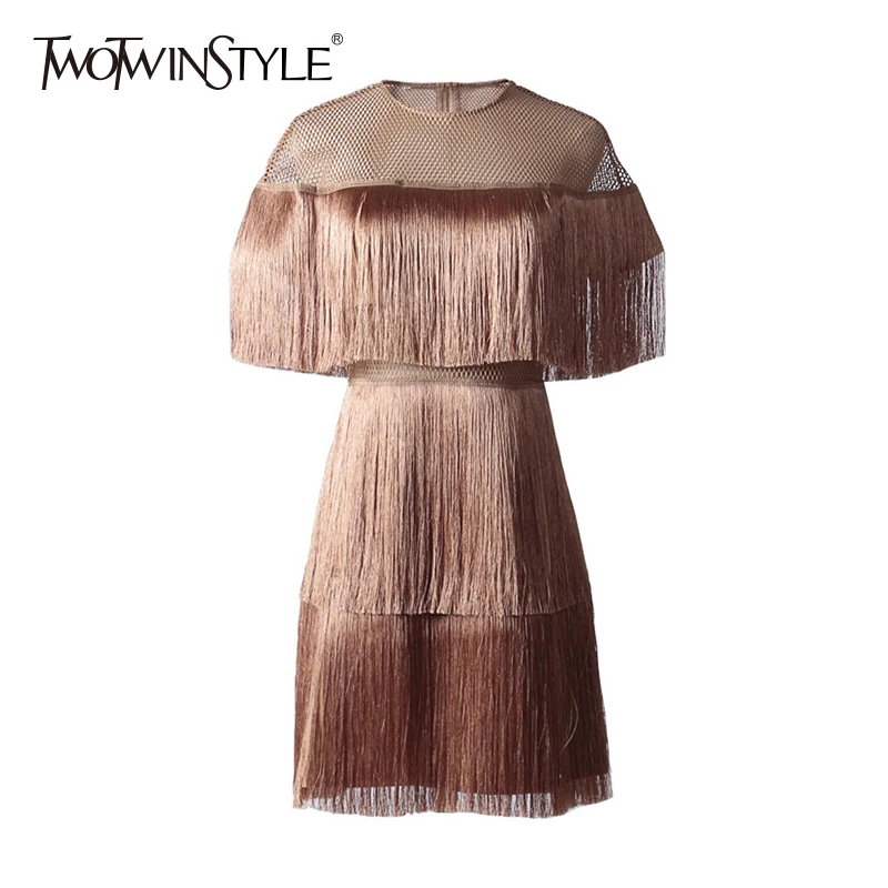 

TWOTWINSTYLE Tassel Dress Female Hollow Out Patchwork Tunic High Waist Large Size Mini Dresses Summer 2019 Fashion Sexy Clothing