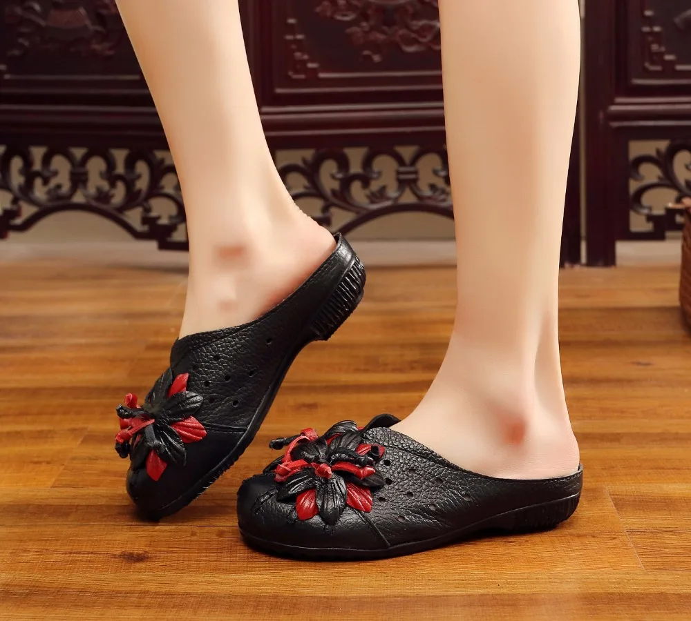 GKTINOO/Женская обувь из натуральной кожи; женские шлепанцы; уличные тапочки без застежки; женская обувь ручной работы; сандалии на плоской подошве с цветочным рисунком