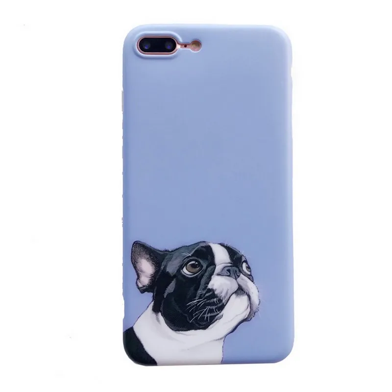 Cute Puppy Soft Phone Case Cover For iPhone 6 6s 7 Matte Coque Printed Bulldog Back Funda Blue Plus |