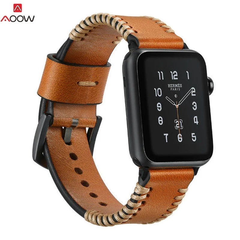 AOOW Натуральная кожа ремешок для наручных часов Apple Watch, версии 1 2 3 коричневый Швейные Для мужчин Для женщин запасной браслет ремешок Ремешок для iwatch 38 мм 42 мм