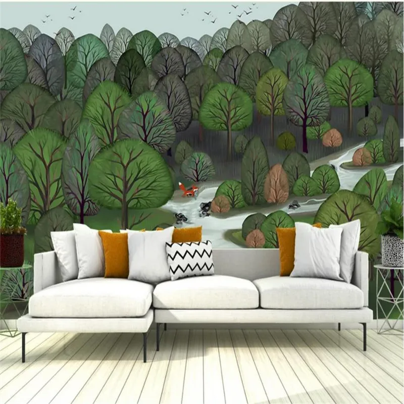 Customized 3d wallpaper cartoon forest creek elk background wall high-grade waterproof material Customized 3d wallpaper cartoon forest creek elk background wall high-grade waterproof material