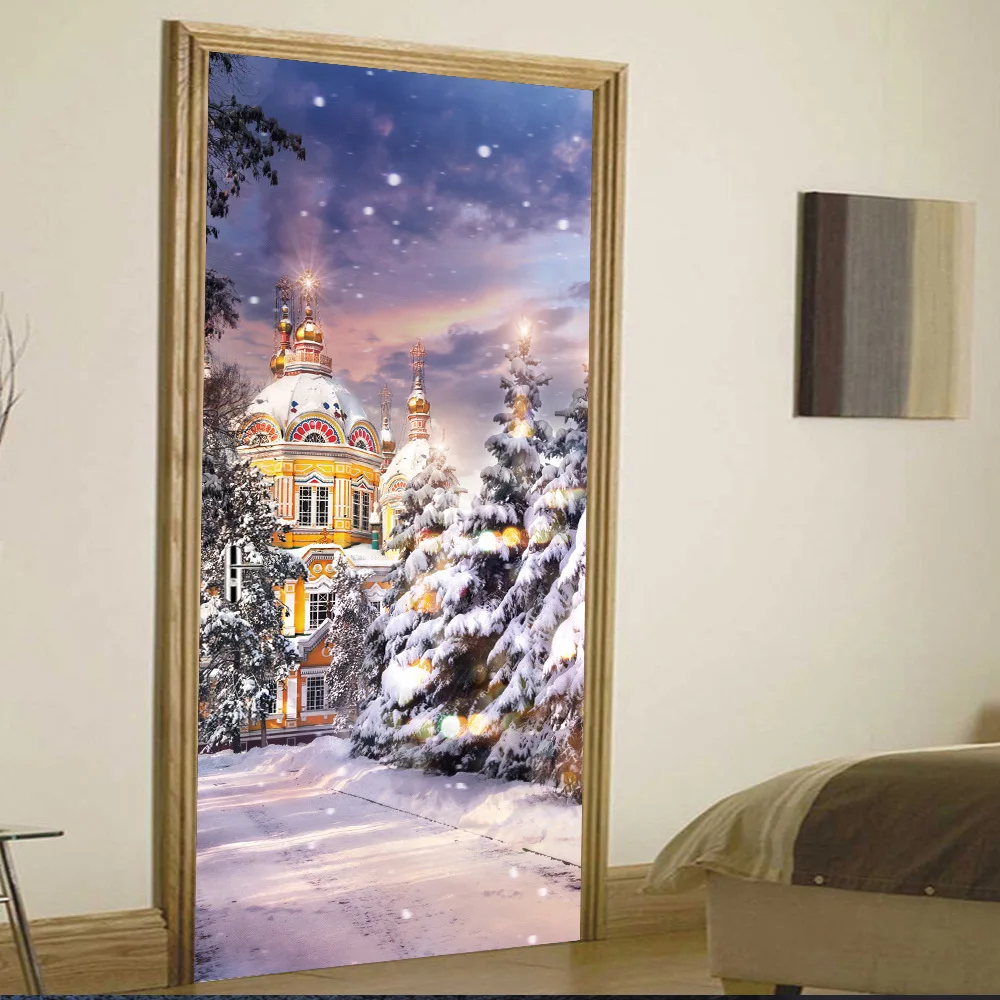 77x200 см новогодний Снежный пейзаж двери наклейки для гостиной Рождество Замковая роспись декоративные наклейки ПВХ самоклеющиеся обои