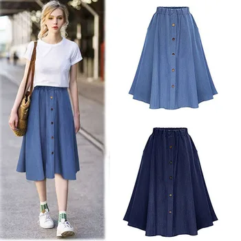 

2019 Fashion Korean College Style Denim Women Solid Color Midi Skirt Nature Waist Female Big Hem Casual Button Jean Skirts