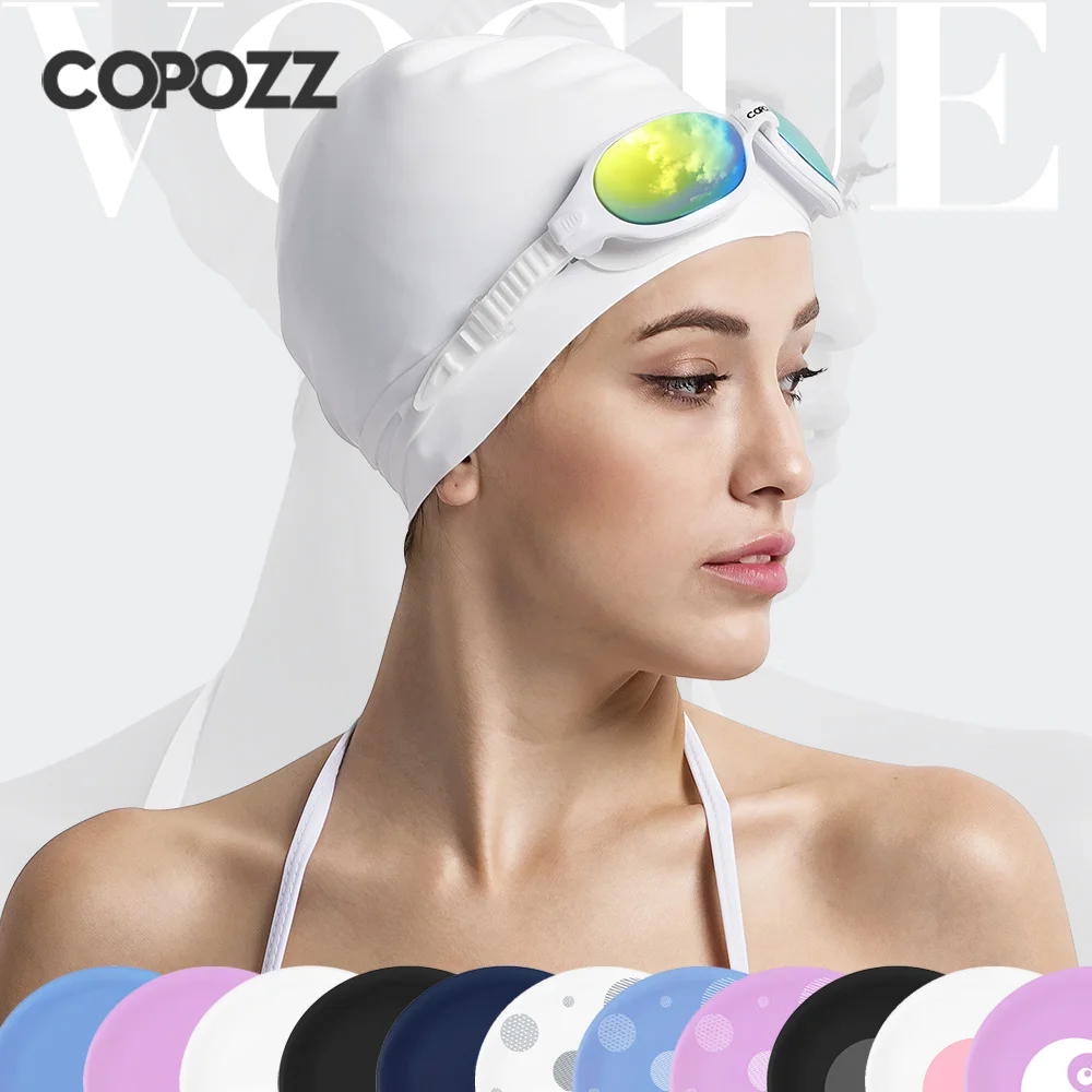 Copozz مرونة السيليكون المطاط للماء حماية آذان طويلة الشعر الرياضية حمام سباحة قبعة حجم الحرة السباحة كاب للرجال النساء الكبار Copozz مرونة السيليكون المطاط للماء حماية آذان طويلة الشعر الرياضية حمام سباحة قبعة حجم الحرة السباحة كاب للرجال النساء الكبار