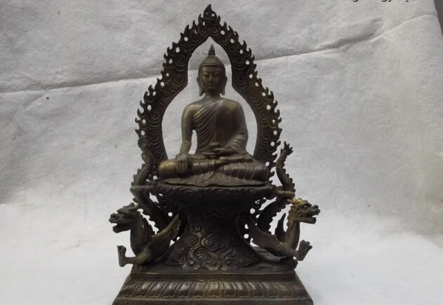 

fast shipping USPS to USA S0177 13 Tibet Buddhism Old Bronze copper Twp Dragon Thailand Sakyamuni Buddha Statue