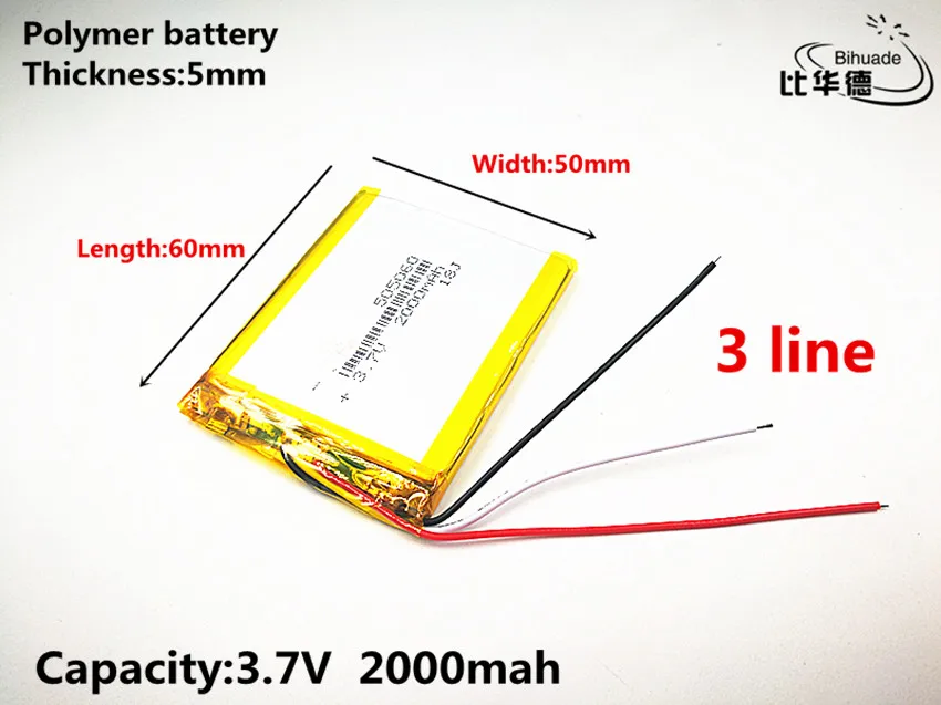 5 шт/лот 3 линии хорошего качества 3,7 в, 2000 мАч, 505060 полимерный литий-ионный/литий-ионный аккумулятор для игрушек, банка питания, gps, mp3, mp4