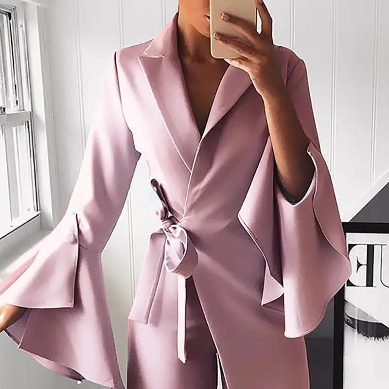 Flare sleeve wide leg pants long jumpsuit women 2019 elegant workwear formal party romper Belted knot side jumpsuit Flare sleeve wide leg pants long jumpsuit women 2019 elegant workwear formal party romper Belted knot side jumpsuit