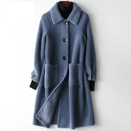 Модное женское длинное меховое пальто, Осень-зима, новая Корейская куртка, женская меховая куртка из овечьей шерсти, элегантные женские меховые пальто - Цвет: Dark blue