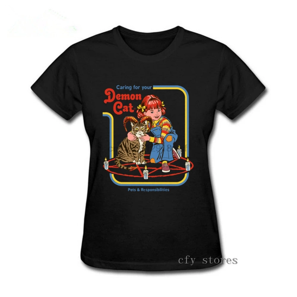 

New Arrival Caring for your Demon cat Print lady T shirt 2019 Summer Streetwear Short Sleeve Cotton Tee Top T-shirt for Female