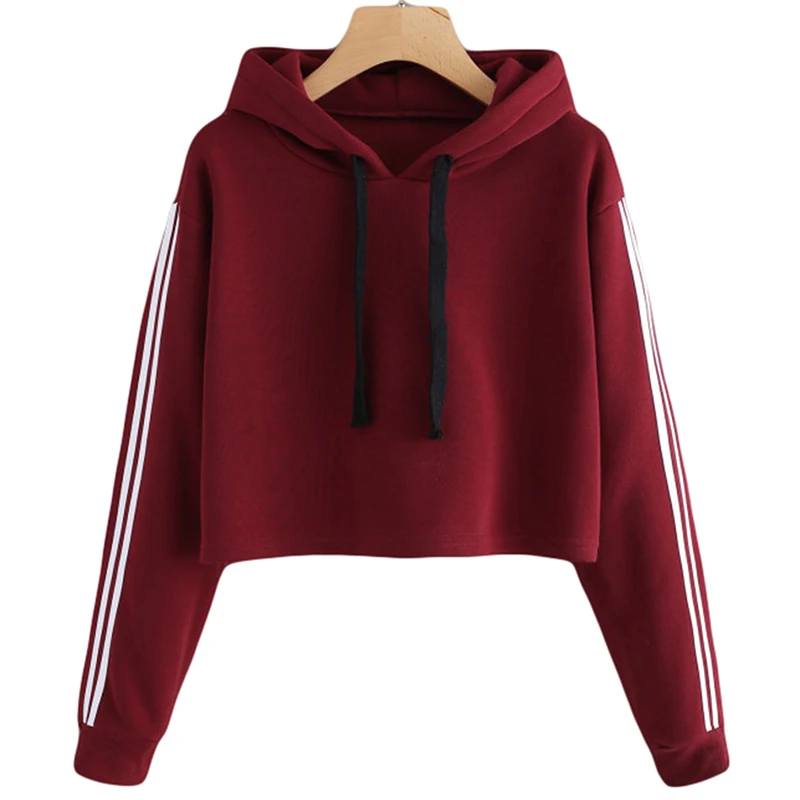  Side Stripes Crop Hoodies Sweatshirts Pullover Autumn Long Sleeve Hoodies Women Crop Sweatshirt Hoo