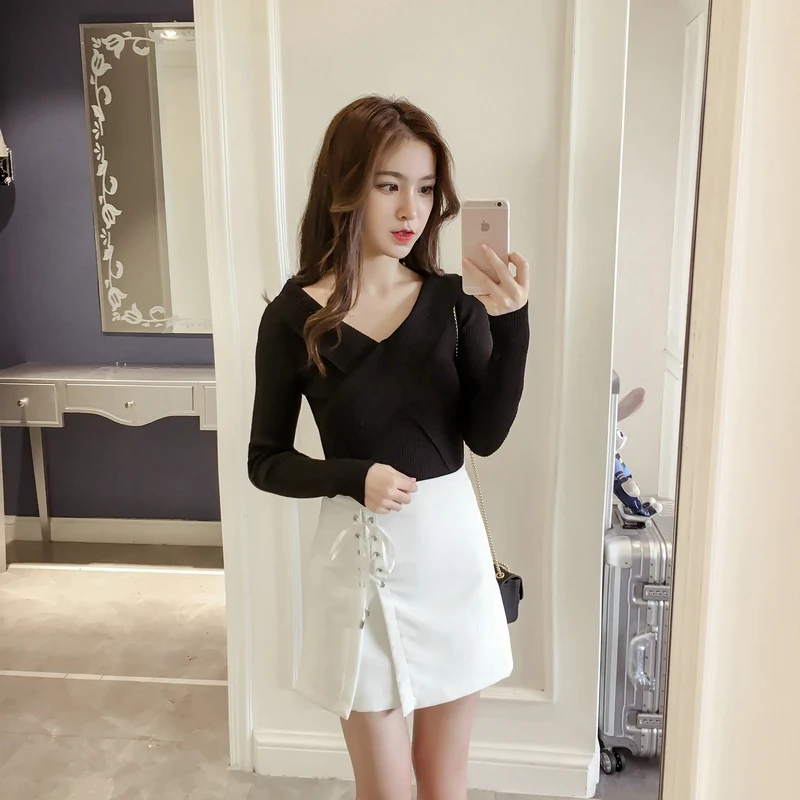 Ubei new sexy crossover v-neck pullover fall/winter pure color slim base knitted pullover women Ubei new sexy crossover v-neck pullover fall/winter pure color slim base knitted pullover women