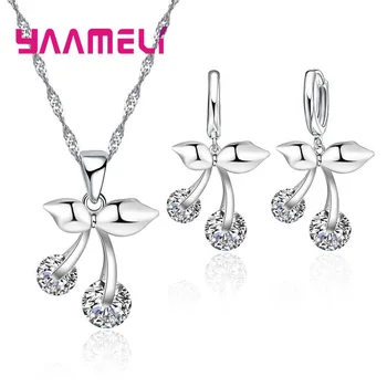 

YAAMEL Lovely Cherry Shape Women Girls Jewelry 925 Sterling Silver Necklace Earrings Set Cute Holiday Gift Cubic Zirconia