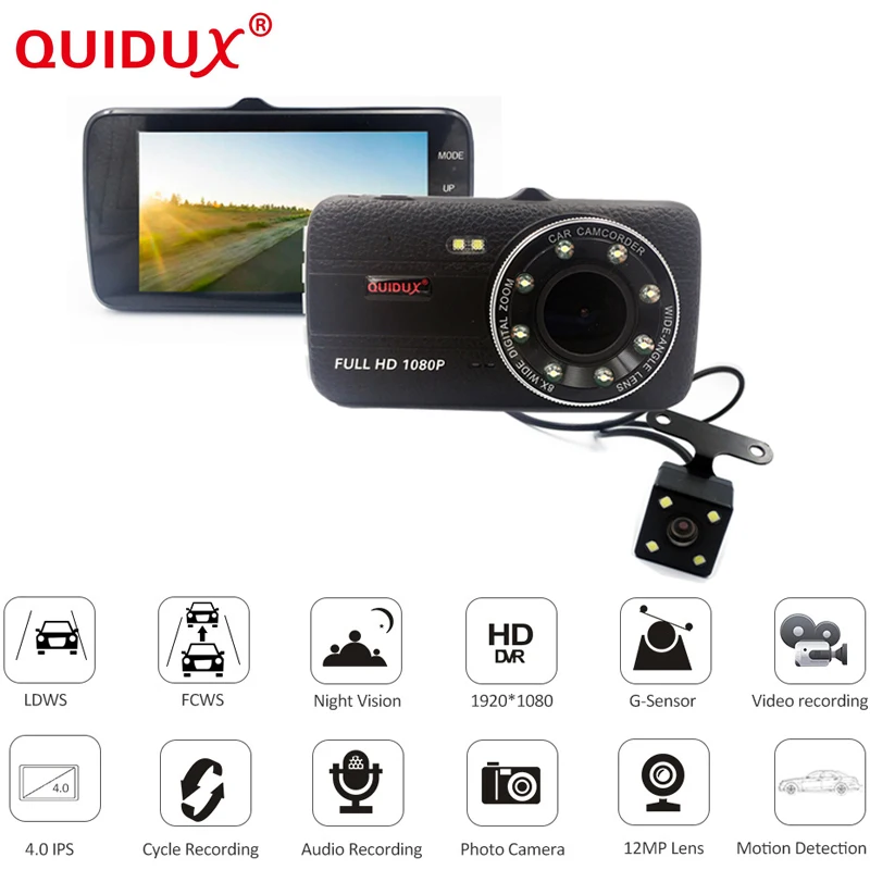 

QUIDUX 4.0 Inch IPS Screen 8LED lights Car DVR camera dual lens rearview Camera Oncam Dash Camera Full HD 1080P Video Dash Cam