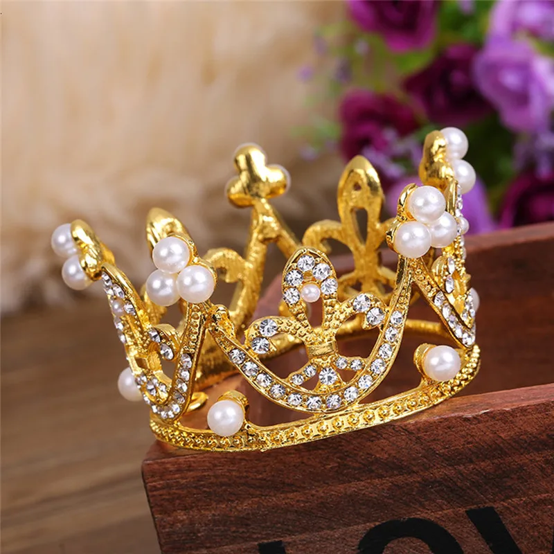 4YANG Mini Crown Cake Topper Crystal Pearl Tiara Children Hair Ornaments for Wedding Birthday Party Cake Decorating Tools