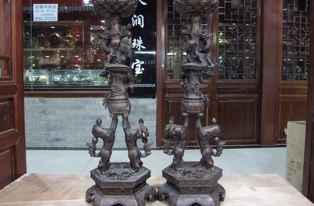 

24 Tibet Buddhism Bronze Copper Two Foo Dog Lion Dragon Candlestick candler Pair