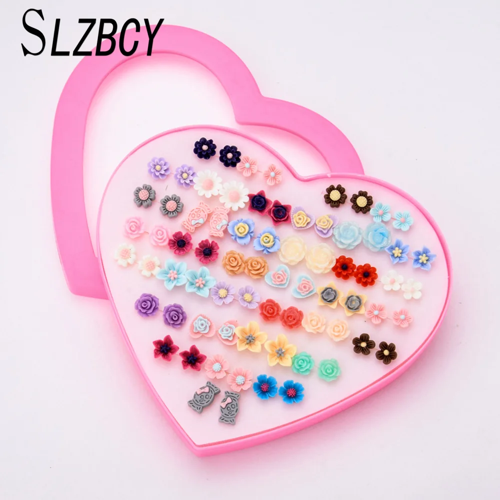 Милая смола цветок маленькие серьги-гвоздики наборы для женщин девочек Детский Рождественский подарок красочные серьги в виде фруктов модные ювелирные изделия 36 пар