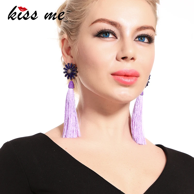 Женские длинные серьги KISS ME уникальные фиолетовые из хлопка с бахромой