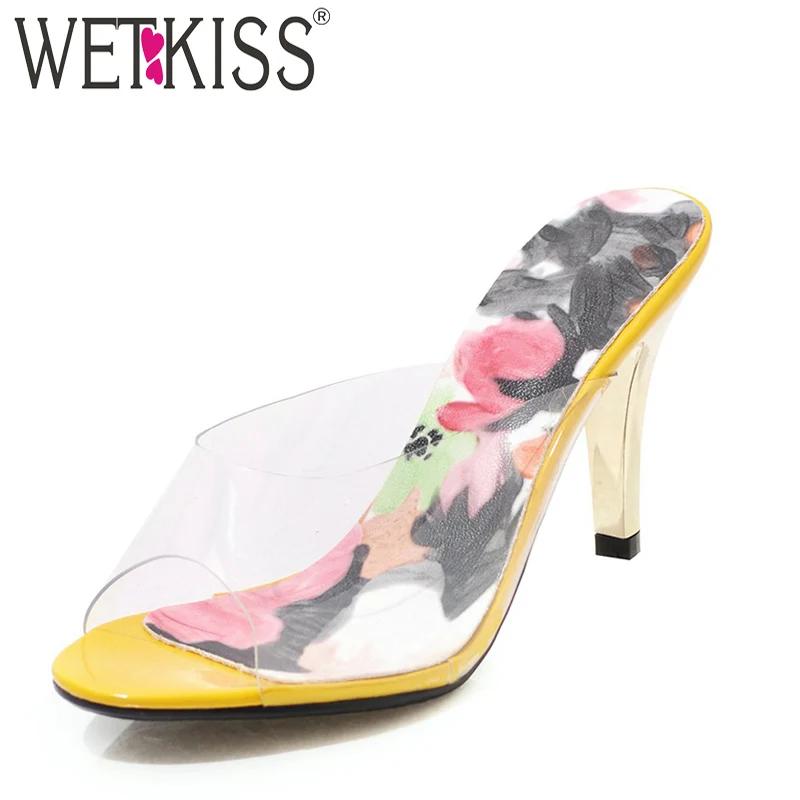 

WETKISS Transparent Pvc Slippers Woman Peep Toe Footwear High Heels Slides Shoes Female Mules Shoes Woman Summer Plus Size 48