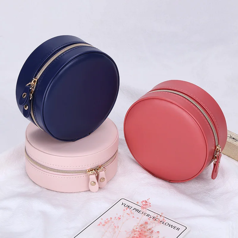 Portable Round Jewelry Box Travel Zipper PU Leather Jewellery Packaging Display Organizer Gift Box Earring Storage Carrying Case