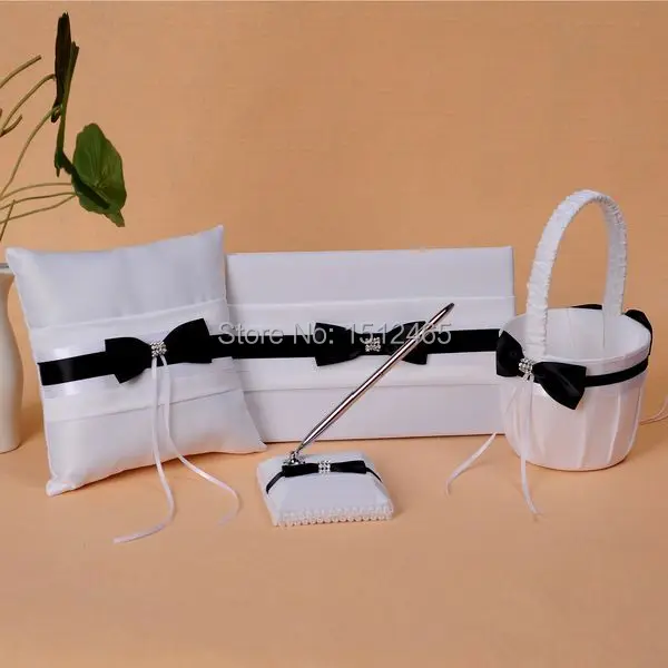 

Set of 4p White and Black Bowknot Crystal Wedding Guest Book Pen Holder Ring Pillow Basket Set Wedding Favors WS06