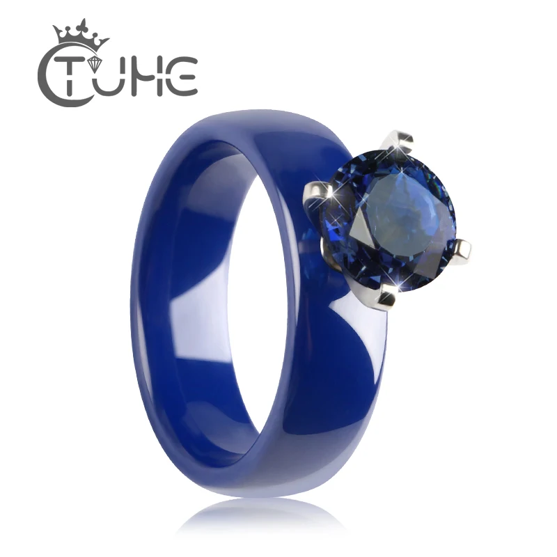 

2018 New Arrival Big Blue Carat Rings For Women 6MM Width Temperament Blue Ceramic Rings With Big Blue Cubic Zircon Wedding Gift
