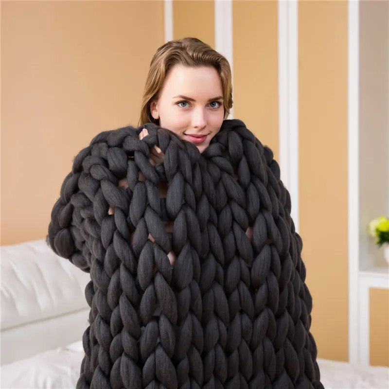 

Dark Gray Solid Color Hand Weaving Photography Props 1PcBlankets Crochet Llinen Knitting Thick Line Giant Yarn Knitted Blanket