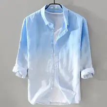 Высококачественные мужские синие градиентные рубашки мужские s льняные рубашки повседневные мужские рубашки с отворотом Модные свободные мужские рубашки