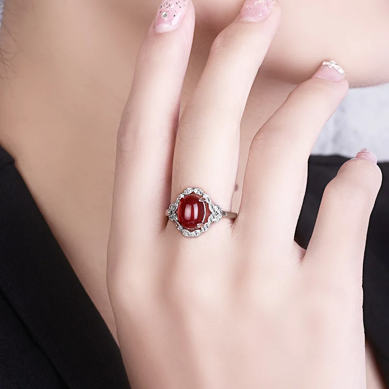Antique Wedding Band Silver Ring Female Adjustable Rings For Women Fashion Jewel Red and Green Color Natural Stone Rings  (8)