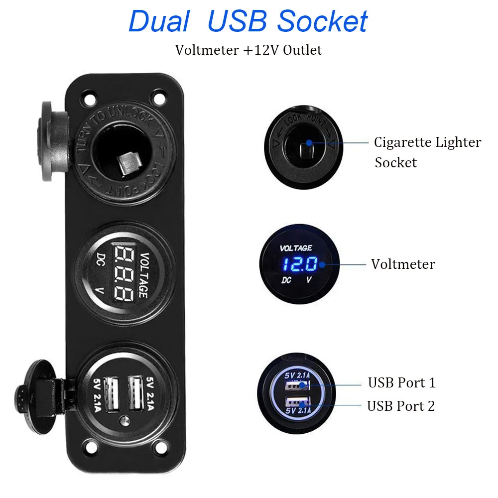

LED Switch Panel Motorcycle Boat Car Cigarette Lighter Socket Digital Voltmeter Adapter 12 V With Dual USB Charger 4.2A