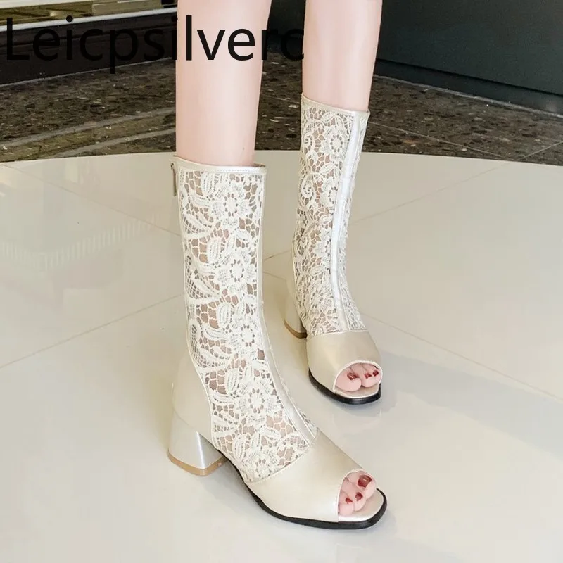 

Women's Boots summer New fashion Fish mouth Open toe Mesh zipper mid heel Thick heel Middle tube Women's shoes plus size 33-46