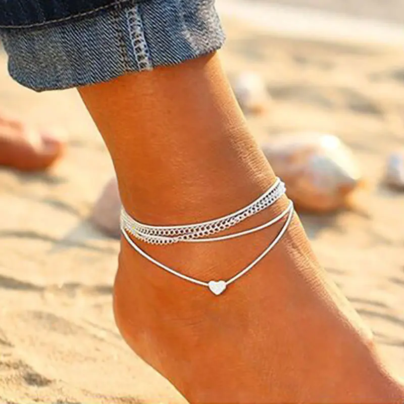 Bohemian Silver Color Anklet Bracelet On The Leg Fashion Heart Female Anklets Barefoot For Women Leg Chain Beach Foot Jewel 1