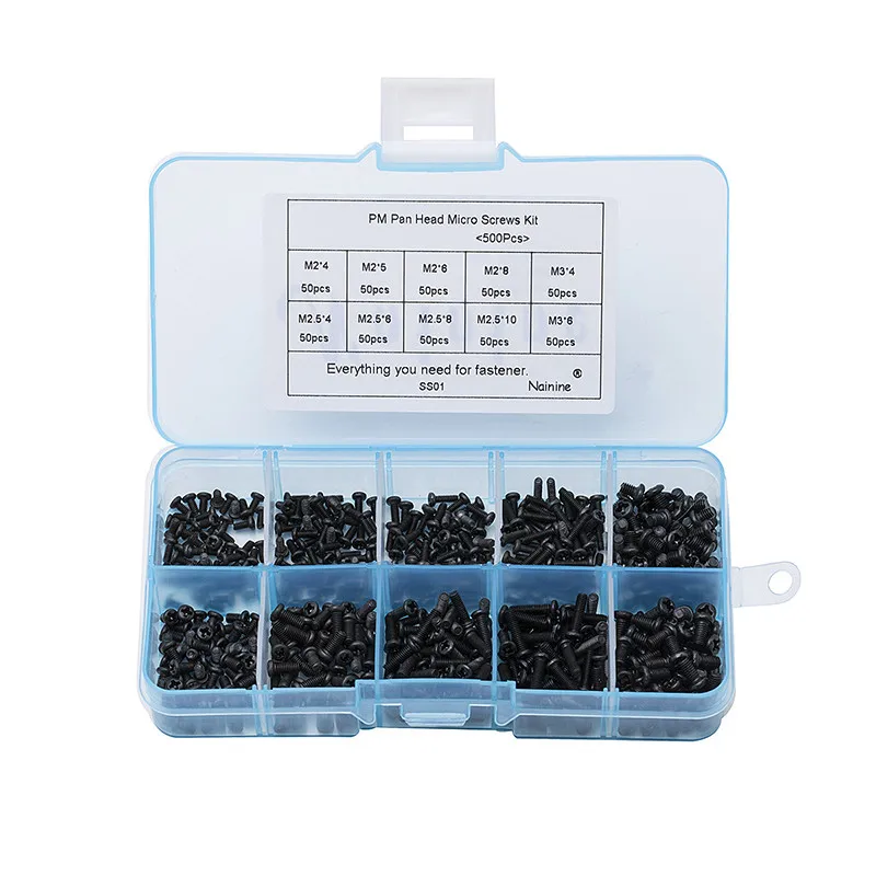 500Pcs M2 M2.5 M3 PM Black Electronic Digital Screw Pan Head Screws